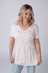 Sarah Ruffle Short Sleeve - Pretty in Pink Floral-Tops-Villari Chic, women's online fashion boutique in Severna, Maryland