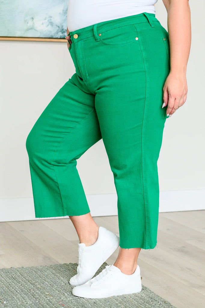 Judy Blue Tummy Control Wide Leg Crop Jeans in Kelly Green-Denim-Villari Chic, women's online fashion boutique in Severna, Maryland