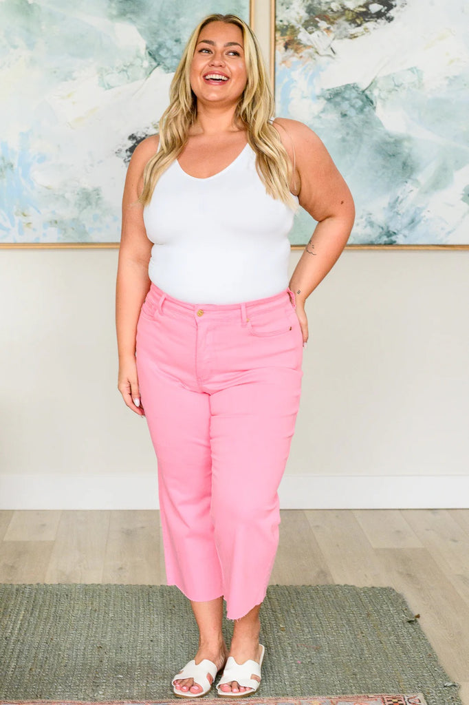 Judy Blue Tummy Control Wide Leg Crop Jeans in Pink-Denim-Villari Chic, women's online fashion boutique in Severna, Maryland