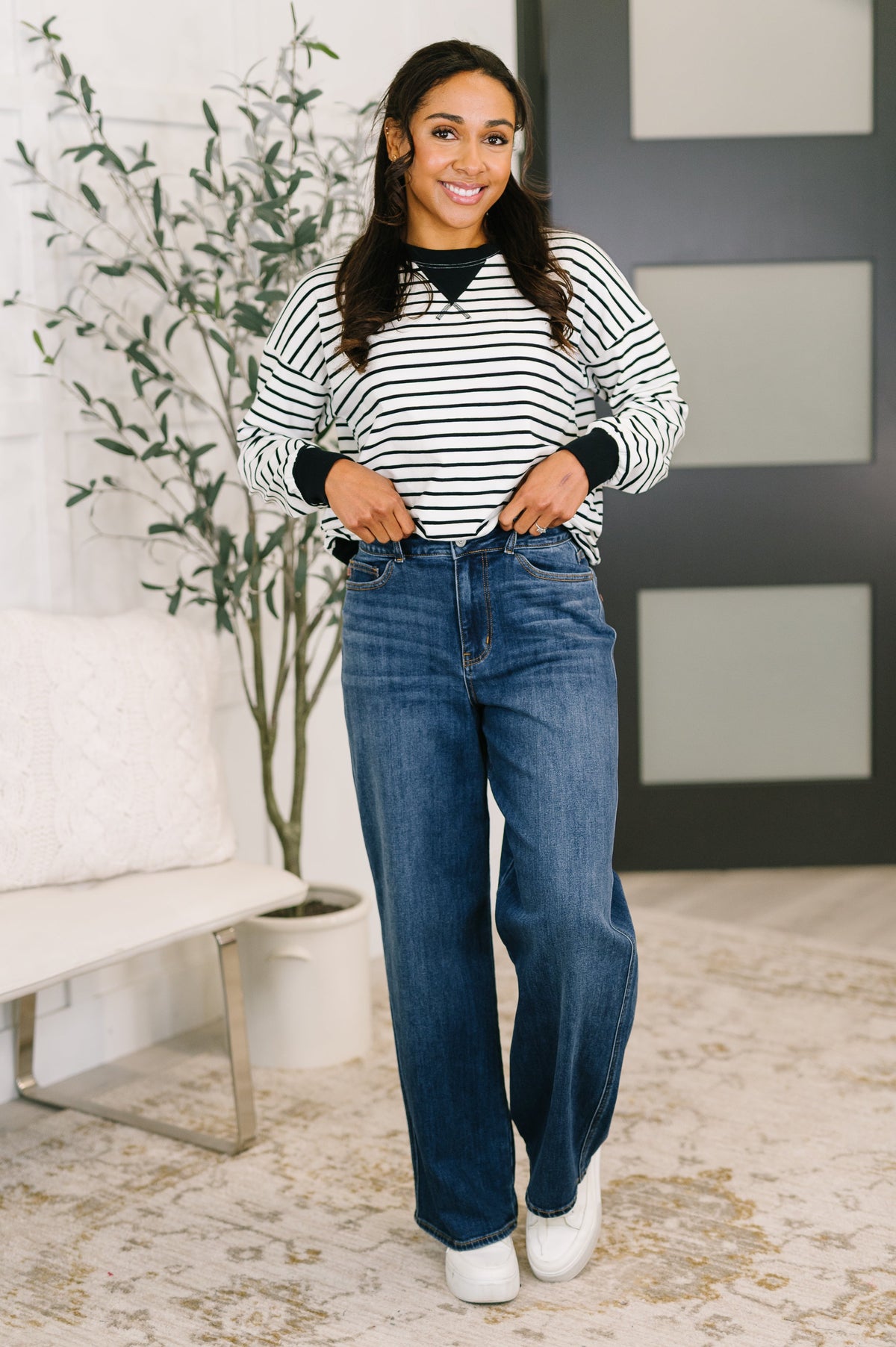 Almost Therapeutic Drop Shoulder Pullover in White and Black-Womens-Villari Chic, women's online fashion boutique in Severna, Maryland