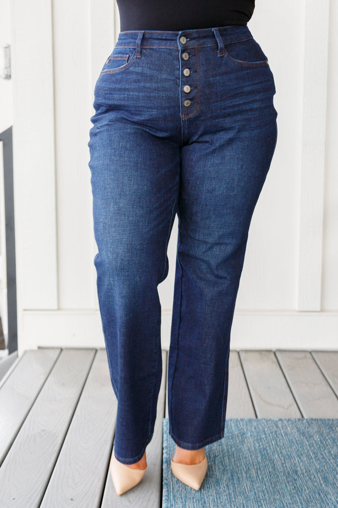 Judy Blue High-Rise Button Fly Straight Leg Jeans in Dark Wash-Womens-Villari Chic, women's online fashion boutique in Severna, Maryland