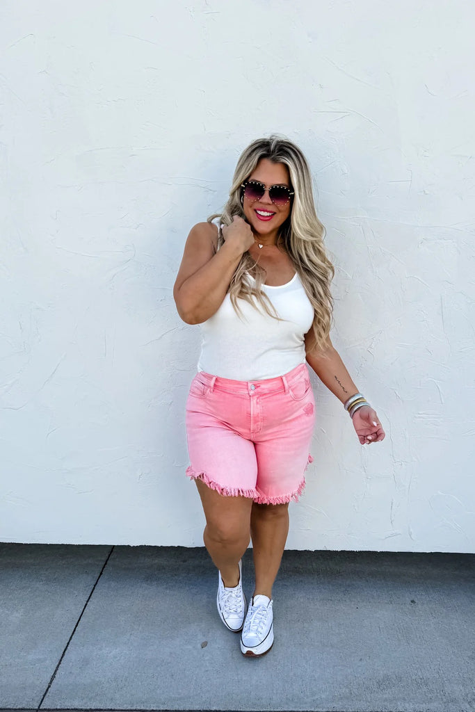 PREORDER: Blakeley Pretty-in-Pink Frayed Hem Shorts-Villari Chic, women's online fashion boutique in Severna, Maryland
