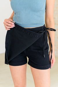 Judy Blue High Rise Side Tie Denim Skort in Black-Denim-Villari Chic, women's online fashion boutique in Severna, Maryland