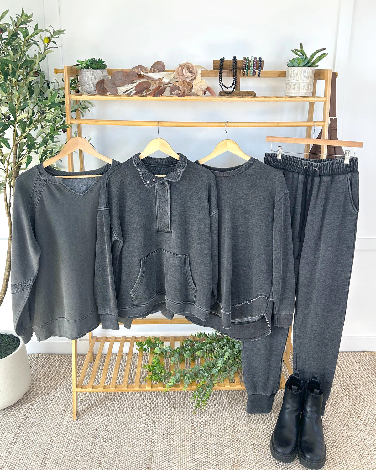 Lace Accent Vintage Wash Pullover - Black-pullover-Villari Chic, women's online fashion boutique in Severna, Maryland