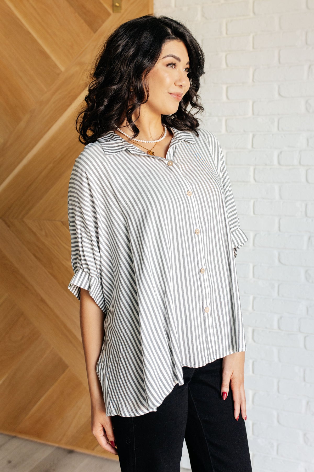 Boxy Striped Button Up in Black-Tops-Villari Chic, women's online fashion boutique in Severna, Maryland