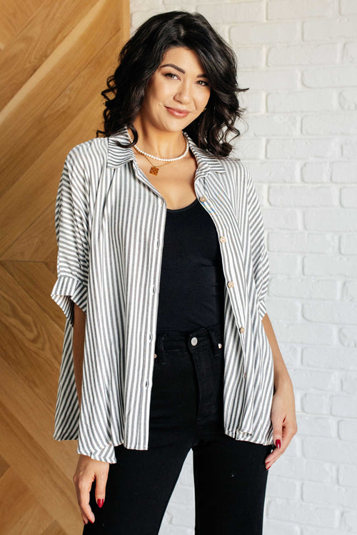 Boxy Striped Button Up in Black-Tops-Villari Chic, women's online fashion boutique in Severna, Maryland