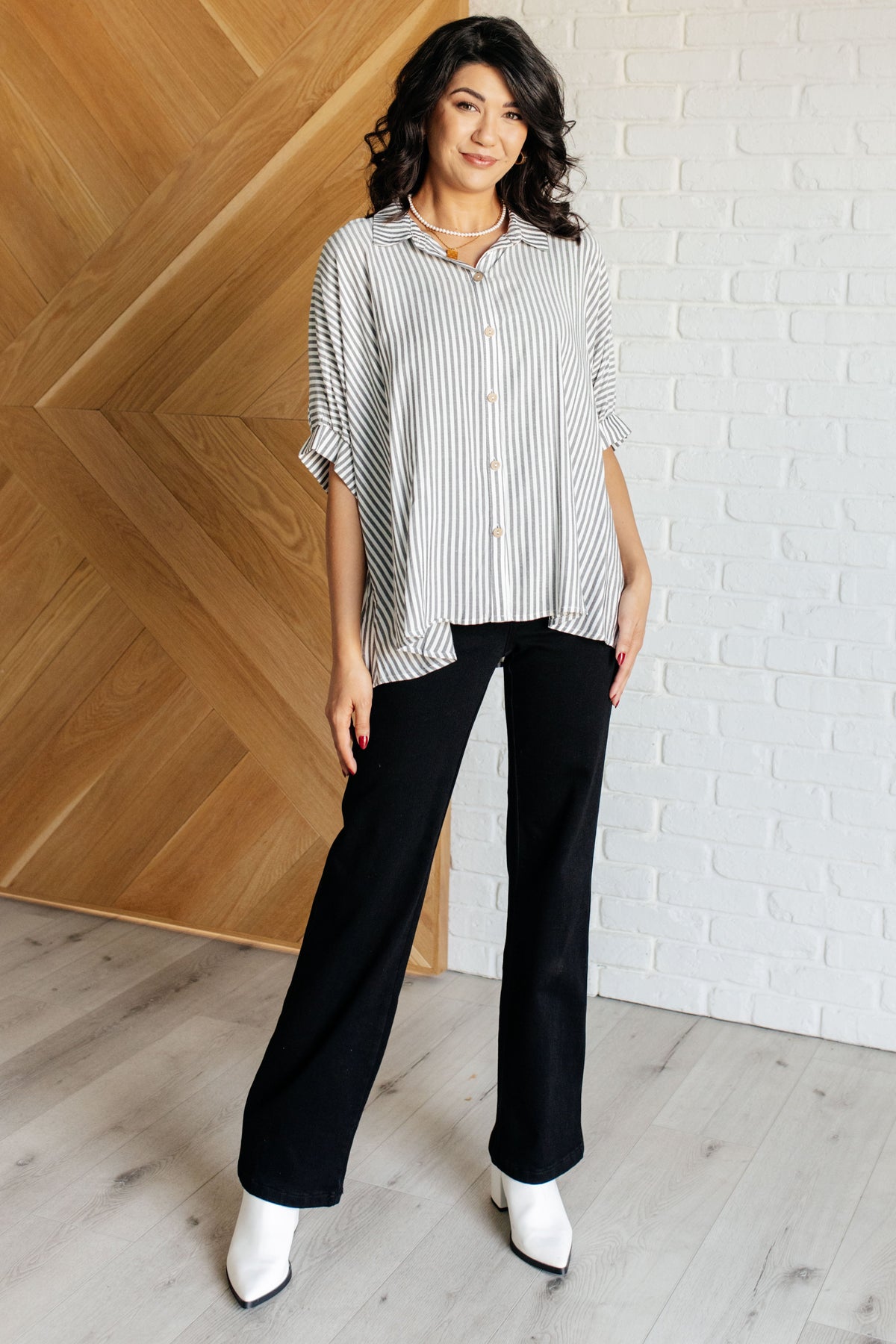 Boxy Striped Button Up in Black-Tops-Villari Chic, women's online fashion boutique in Severna, Maryland