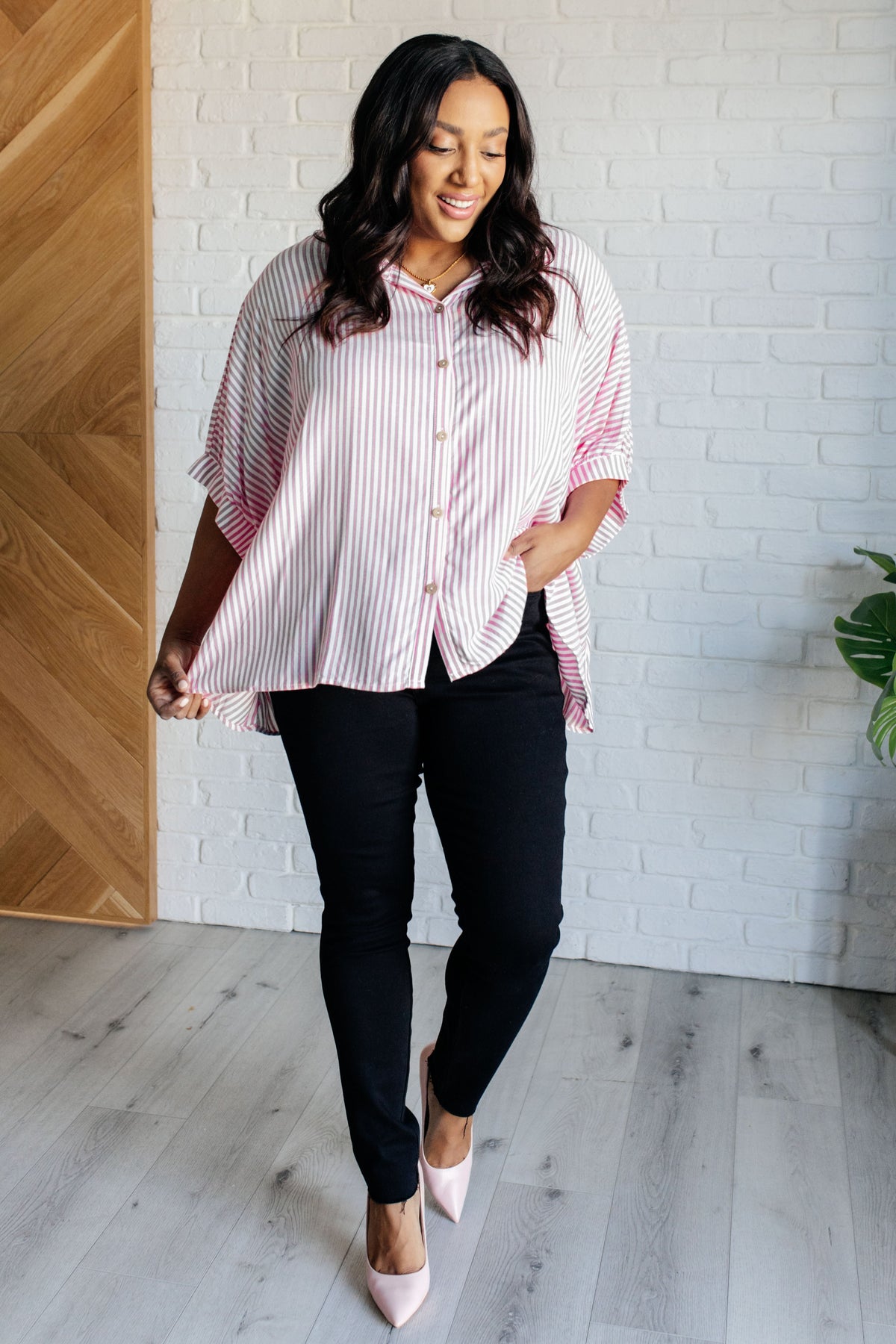 Boxy Striped Button Up in Hot Pink-Tops-Villari Chic, women's online fashion boutique in Severna, Maryland