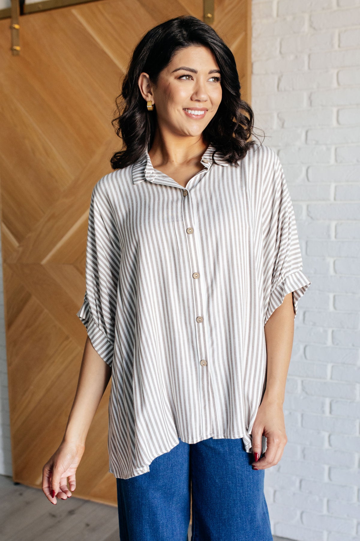 Boxy Striped Button Up in Mocha-Tops-Villari Chic, women's online fashion boutique in Severna, Maryland