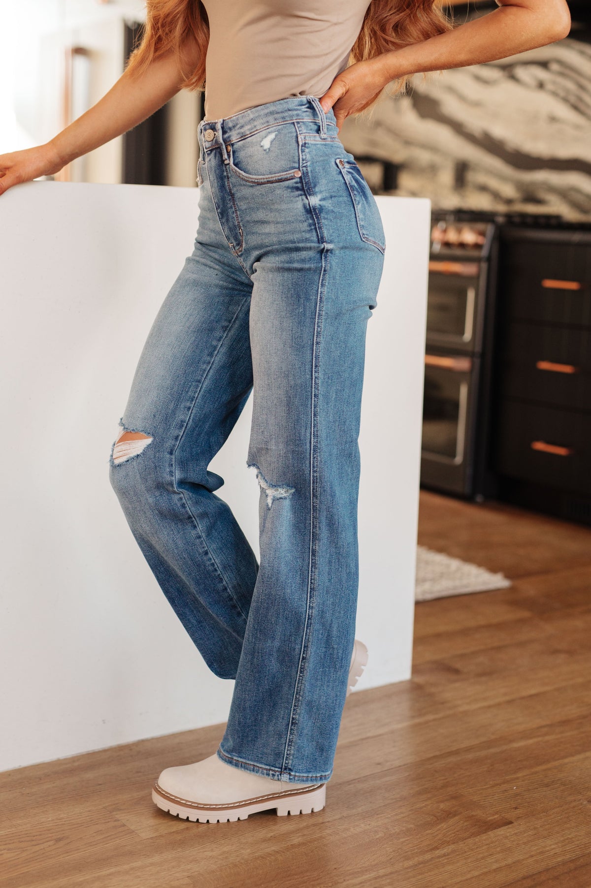 Judy Blue High-Rise Distressed Tummy Control Straight Leg Jeans-Womens-Villari Chic, women's online fashion boutique in Severna, Maryland