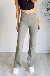 Building Habits Twill Flared Crossover Waist Pant in Dusty Olive-Bottoms-Villari Chic, women's online fashion boutique in Severna, Maryland