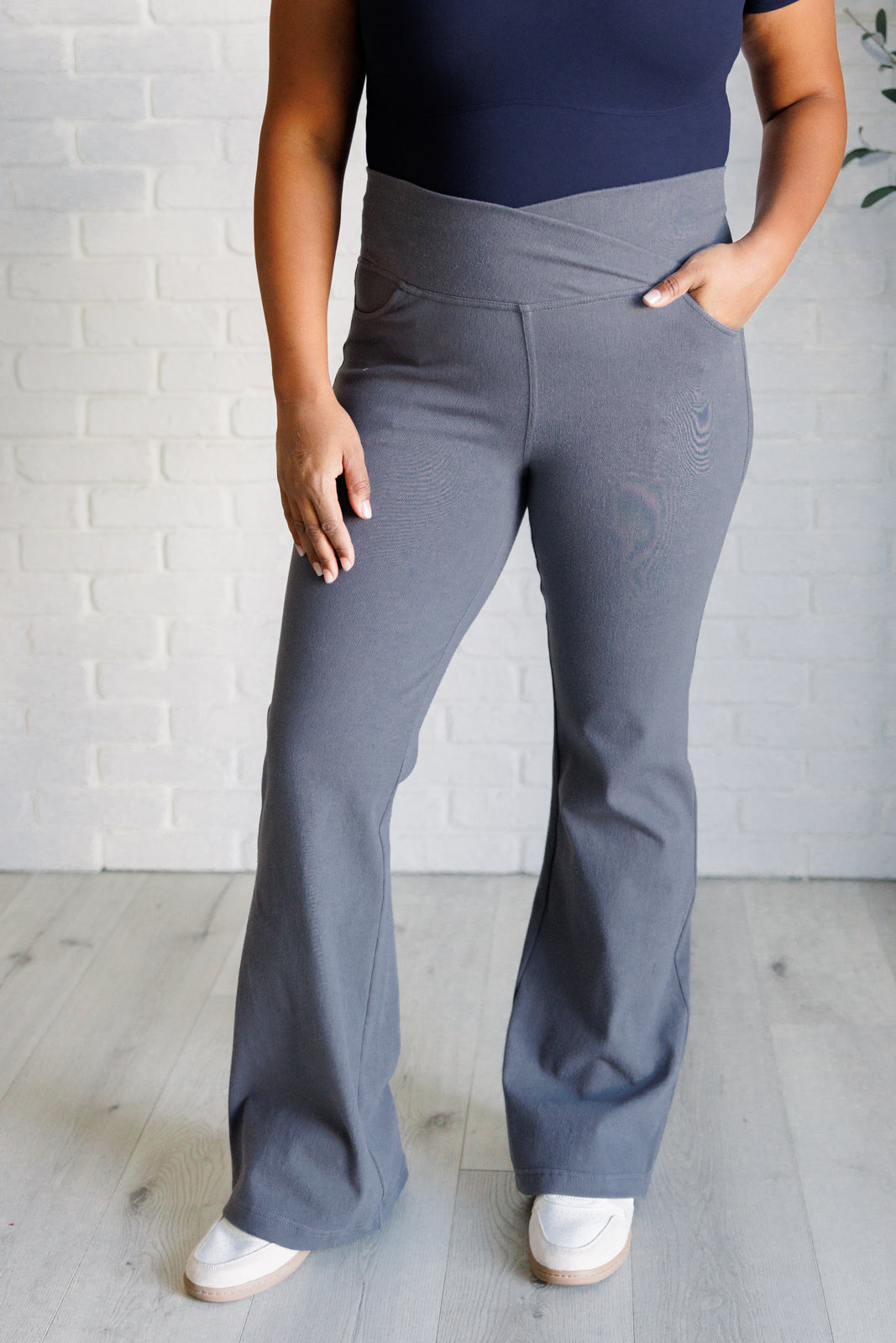 Building Habits Twill Flared Crossover Waist Pant in Titanium-Bottoms-Villari Chic, women's online fashion boutique in Severna, Maryland