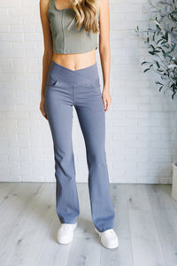 Building Habits Twill Flared Crossover Waist Pant in Titanium-Bottoms-Villari Chic, women's online fashion boutique in Severna, Maryland