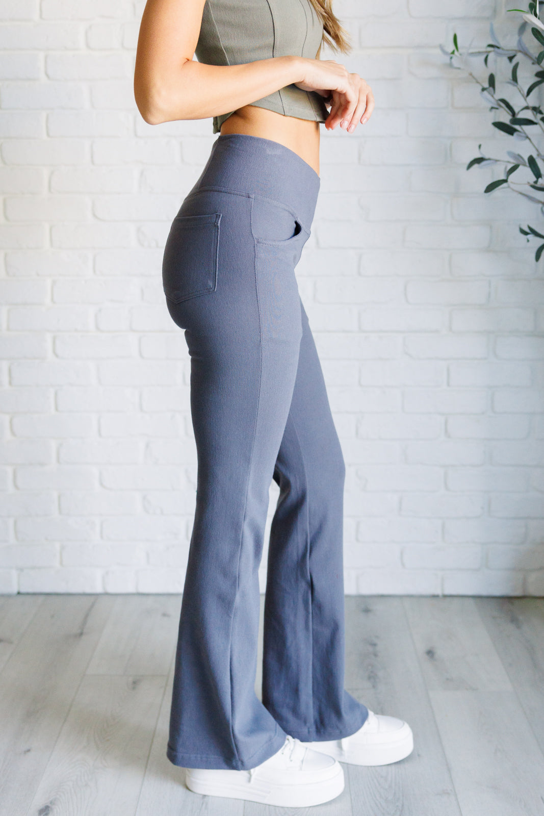 Building Habits Twill Flared Crossover Waist Pant in Titanium-Bottoms-Villari Chic, women's online fashion boutique in Severna, Maryland