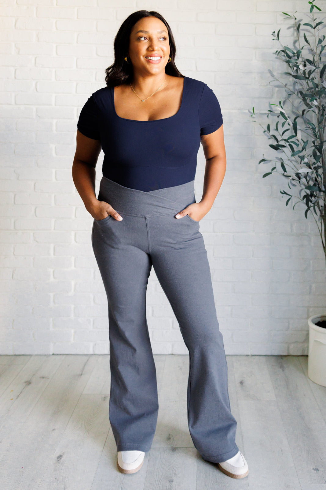 Building Habits Twill Flared Crossover Waist Pant in Titanium-Bottoms-Villari Chic, women's online fashion boutique in Severna, Maryland