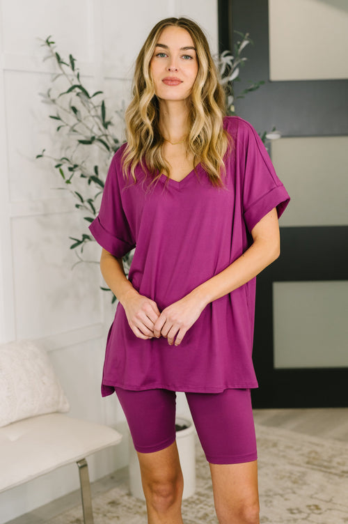 Buttery Soft V-Neck Bike Short Set in Lt Plum-Womens-Villari Chic, women's online fashion boutique in Severna, Maryland