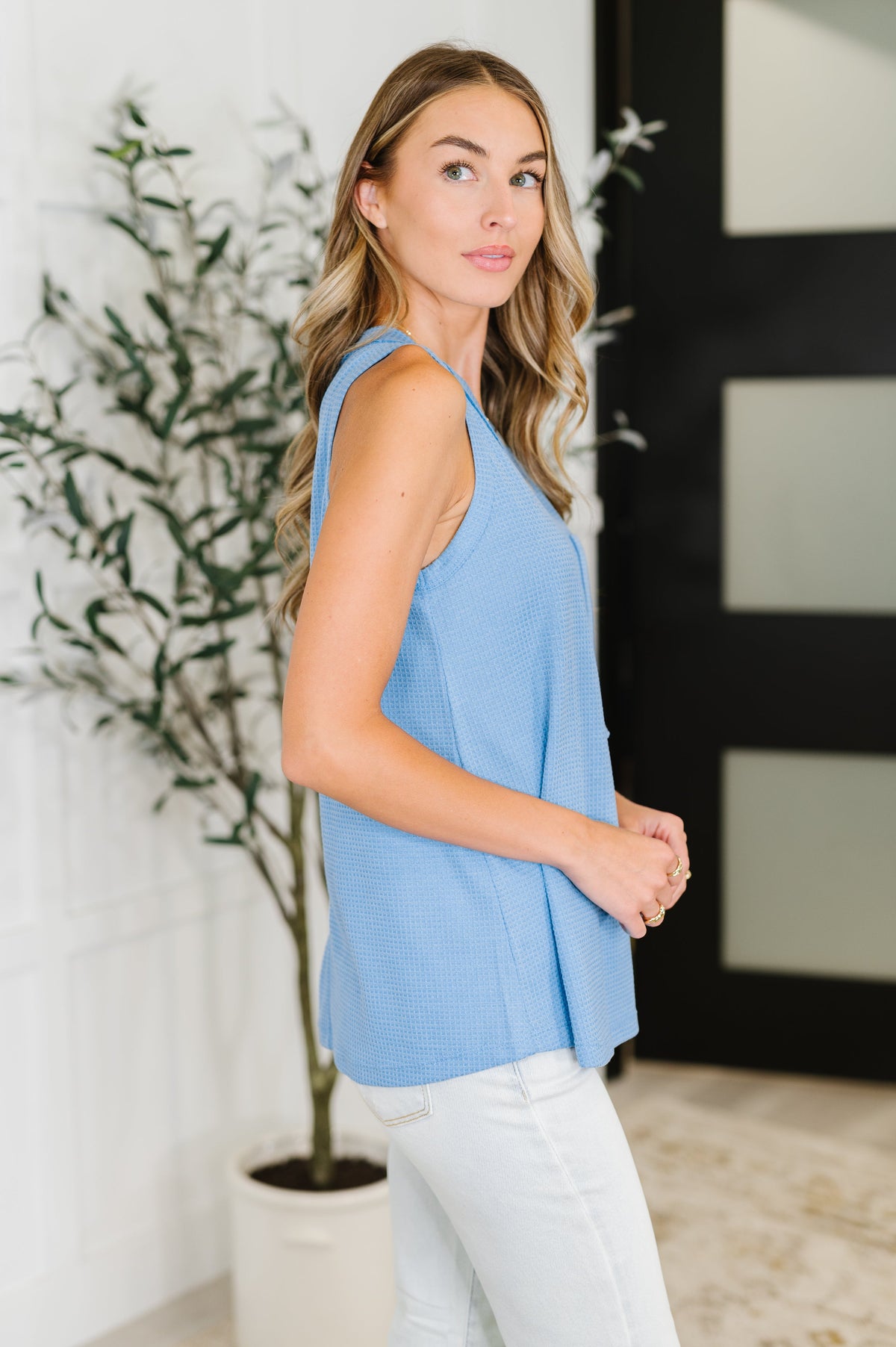 Buttoned Up Buttercup Sleeveless Top in Ocean Blue-Womens-Villari Chic, women's online fashion boutique in Severna, Maryland