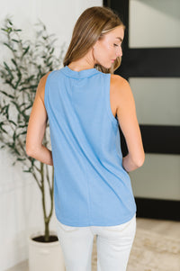 Buttoned Up Buttercup Sleeveless Top in Ocean Blue-Womens-Villari Chic, women's online fashion boutique in Severna, Maryland