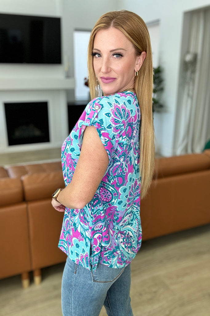 Lizzy Cap Sleeve Top in Magenta & Teal Paisley-Womens-Villari Chic, women's online fashion boutique in Severna, Maryland