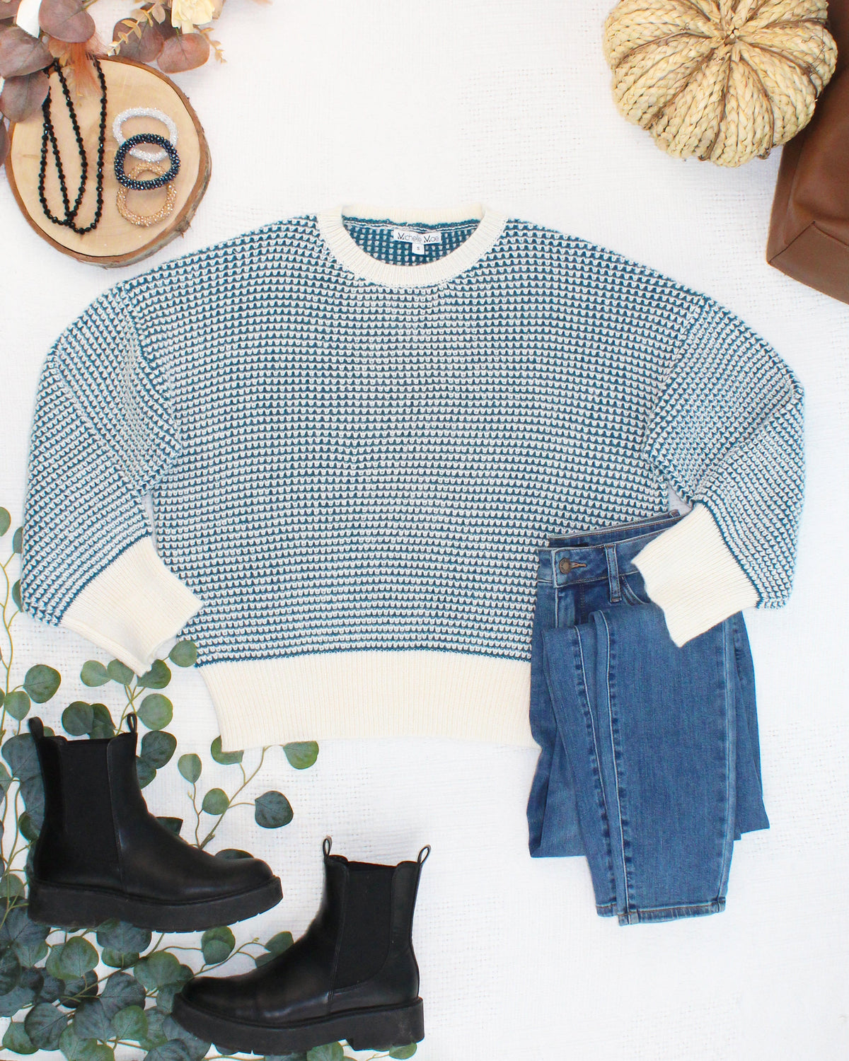 Charlotte Sweater - Teal and Ivory-Sweater-Villari Chic, women's online fashion boutique in Severna, Maryland