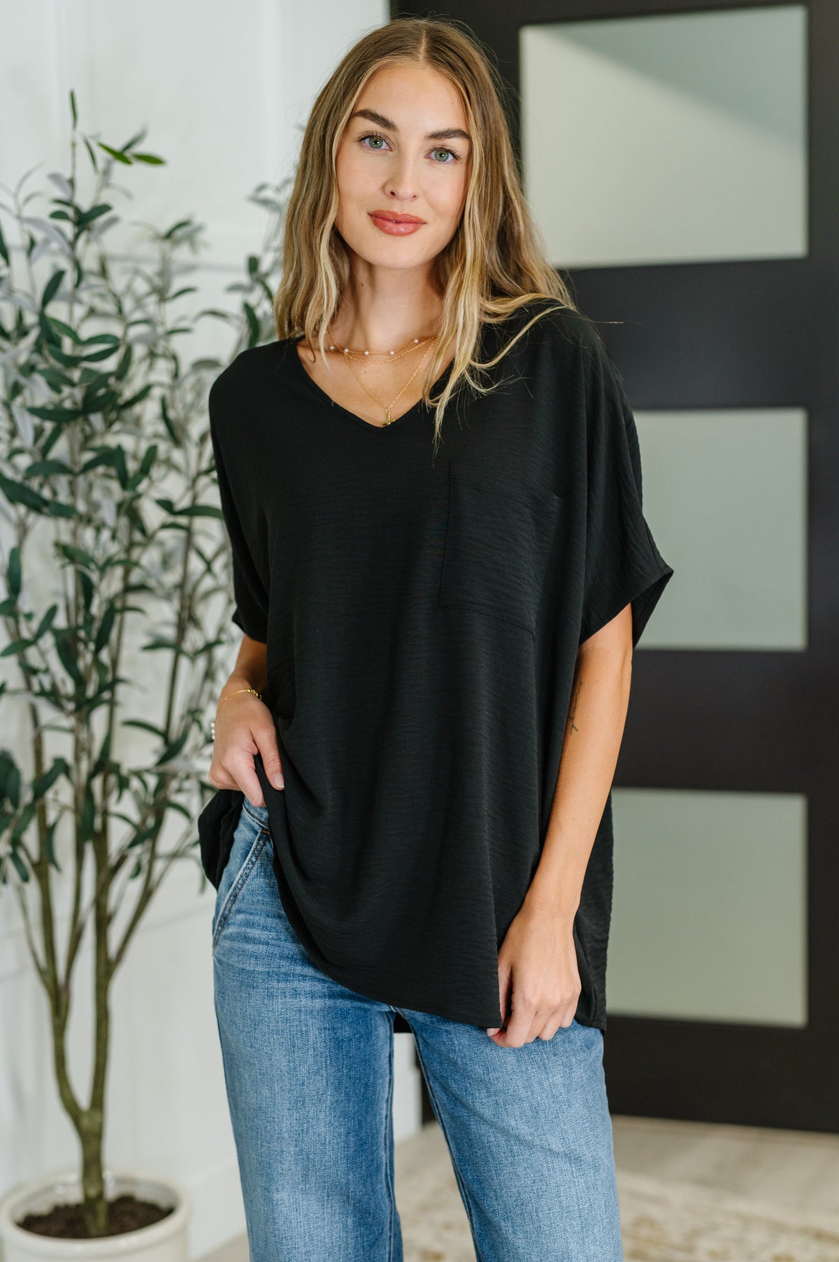 Coastal Ease V-Neck Top in Black-Womens-Villari Chic, women's online fashion boutique in Severna, Maryland