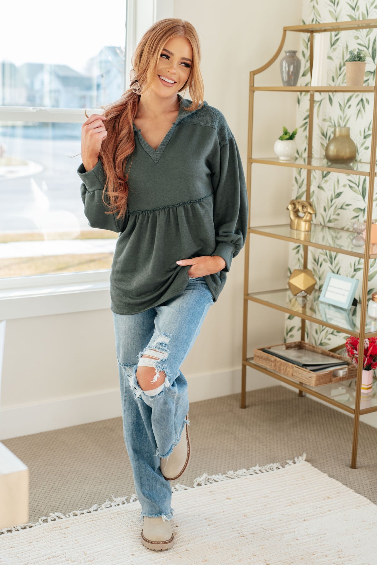 She's Not Wrong Hooded V-Neck Pullover-Tops-Villari Chic, women's online fashion boutique in Severna, Maryland