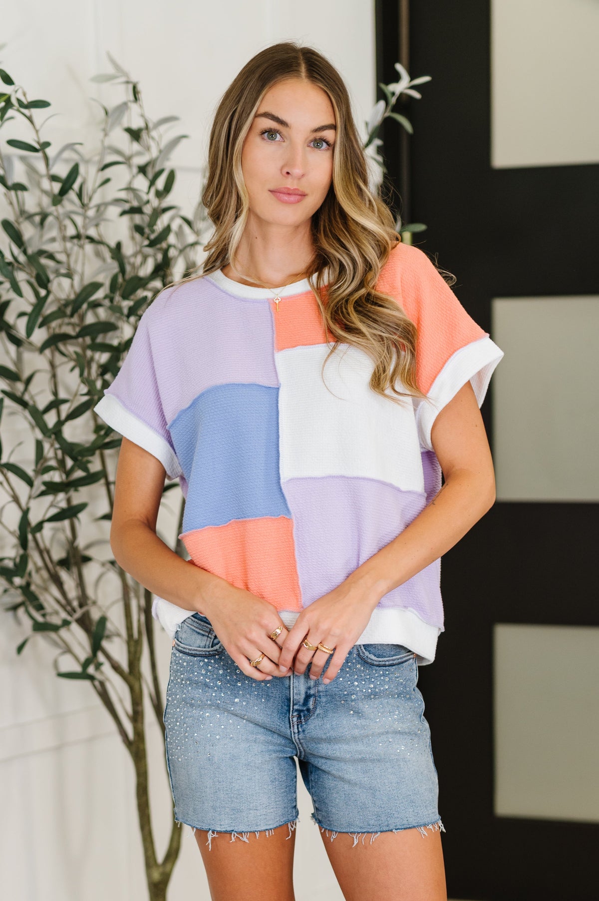 Contrast Club Color Block Top in Lilac, Orange and Denim-Womens-Villari Chic, women's online fashion boutique in Severna, Maryland
