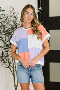 Contrast Club Color Block Top in Lilac, Orange and Denim-Womens-Villari Chic, women's online fashion boutique in Severna, Maryland