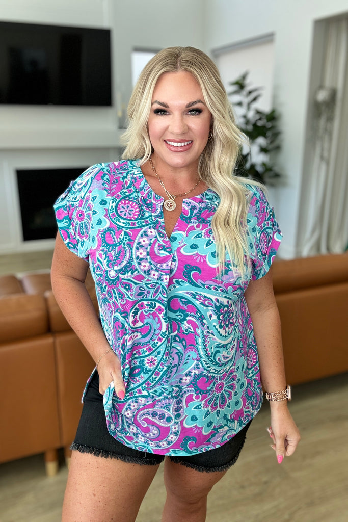 Lizzy Cap Sleeve Top in Magenta & Teal Paisley-Womens-Villari Chic, women's online fashion boutique in Severna, Maryland