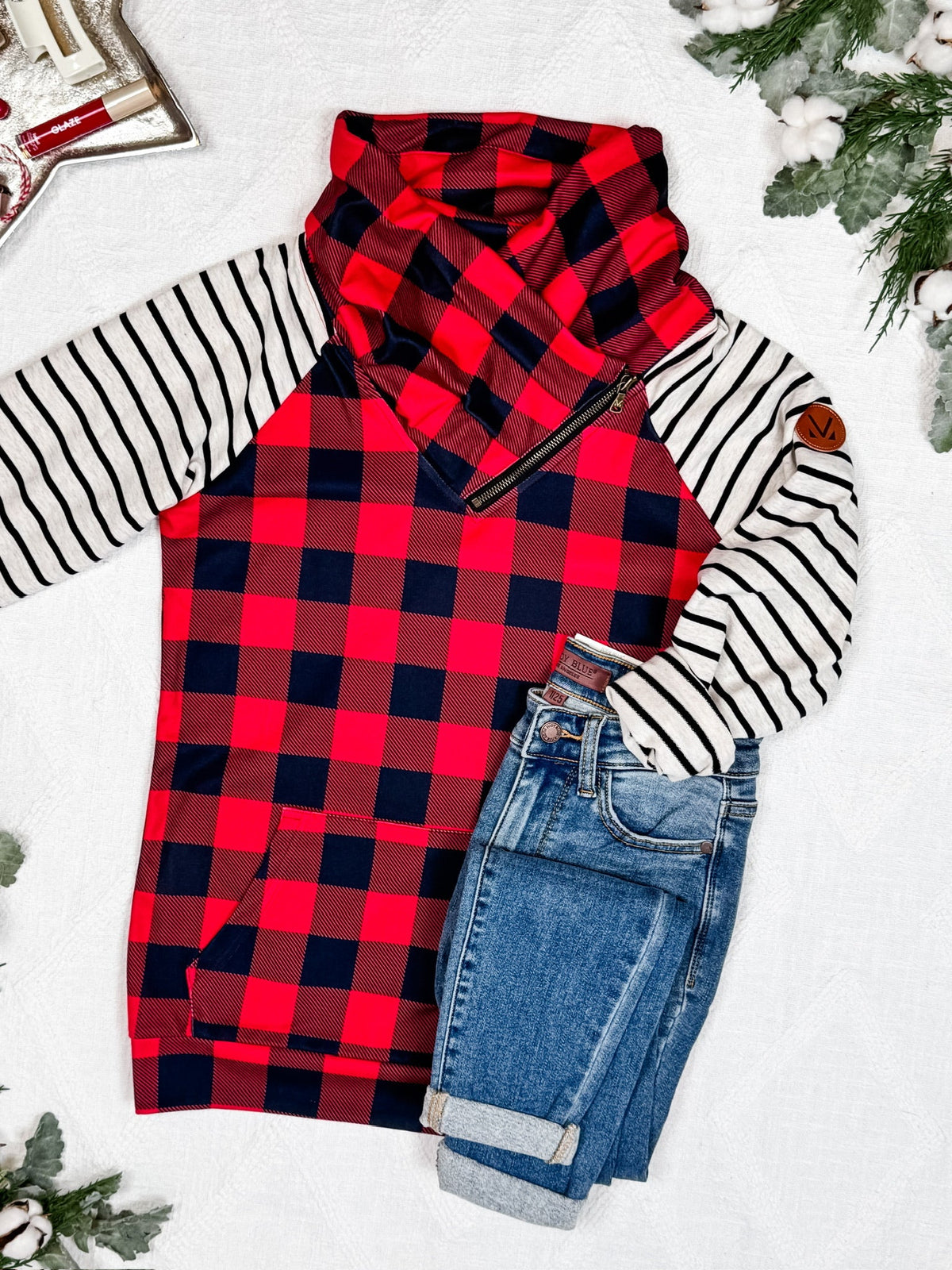 Zoey ZipCowl - Buffalo Plaid and Oatmeal Stripes-clothing-Villari Chic, women's online fashion boutique in Severna, Maryland