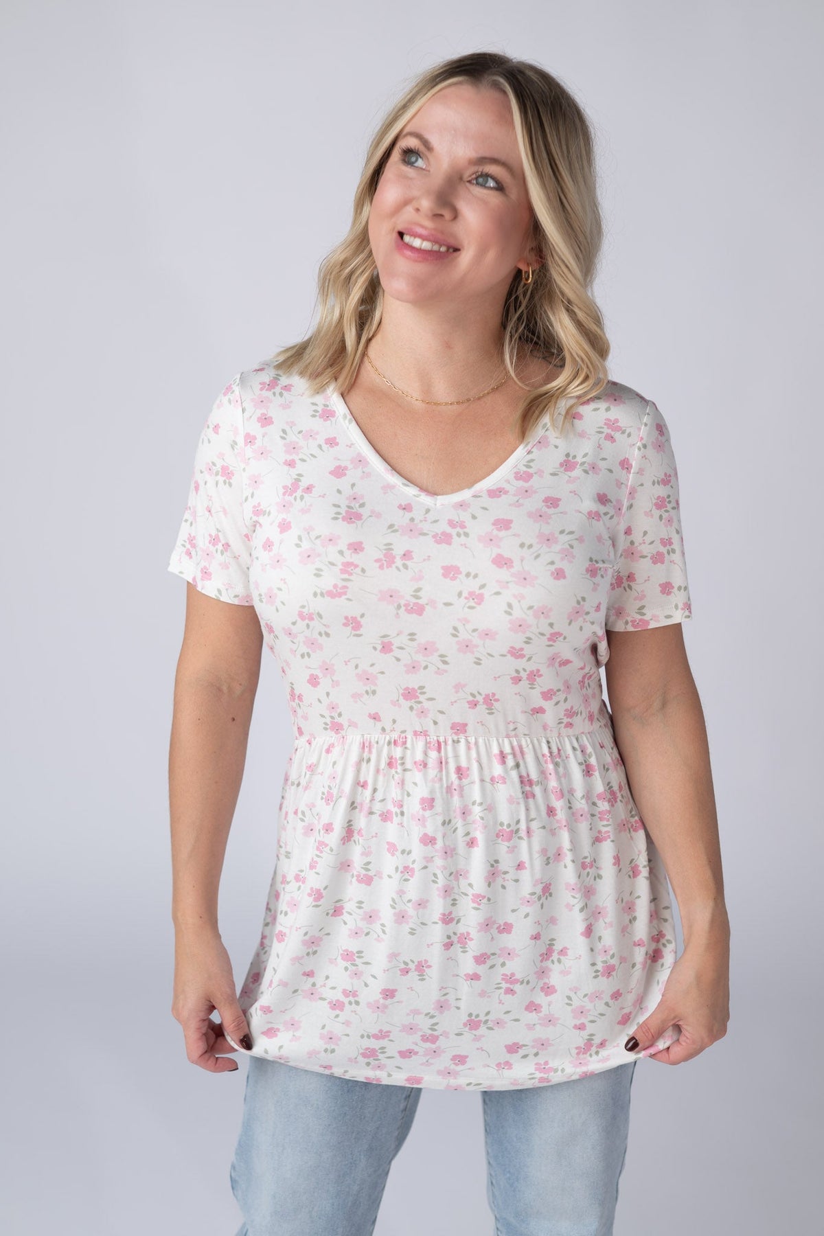 Sarah Ruffle Short Sleeve - Pretty in Pink Floral-Tops-Villari Chic, women's online fashion boutique in Severna, Maryland