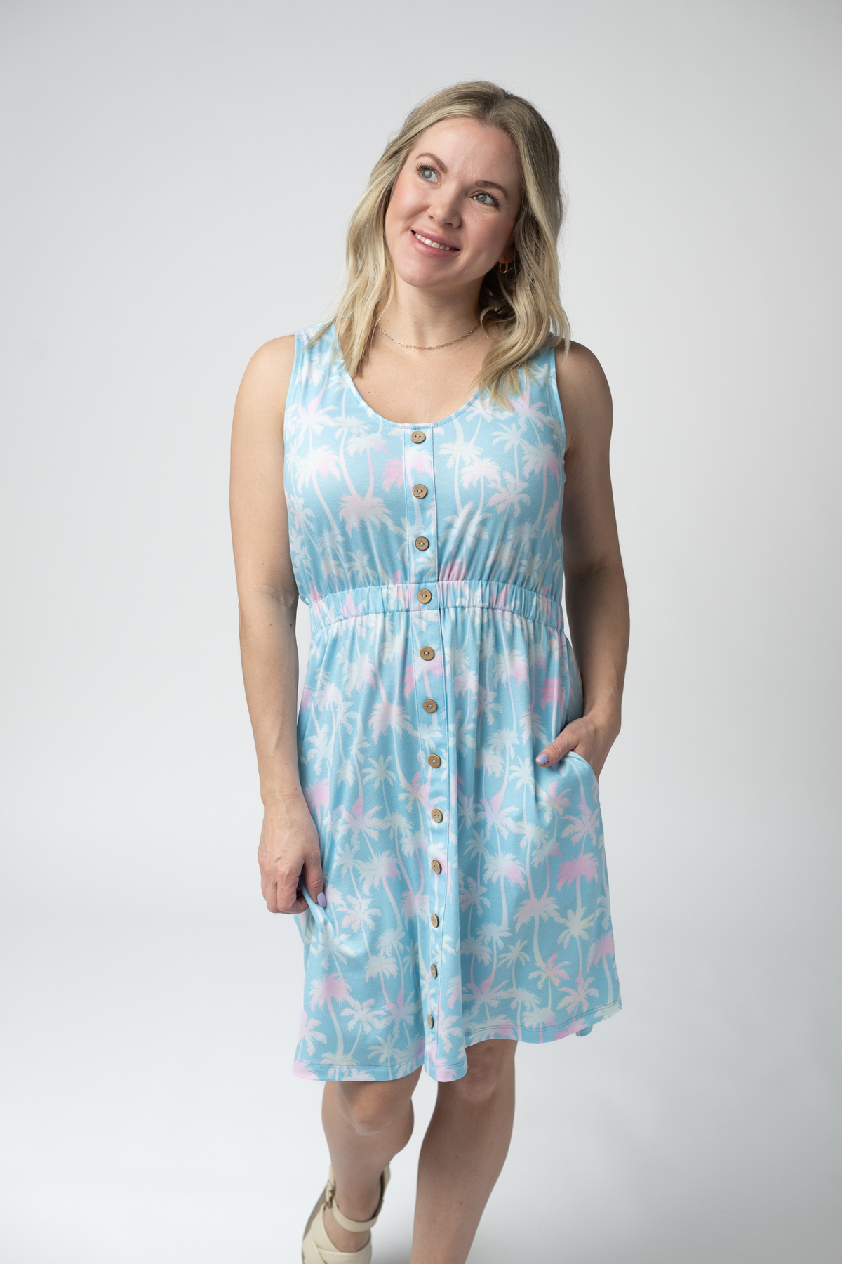 Beverly Button Dress - Aqua Palm-dress-Villari Chic, women's online fashion boutique in Severna, Maryland