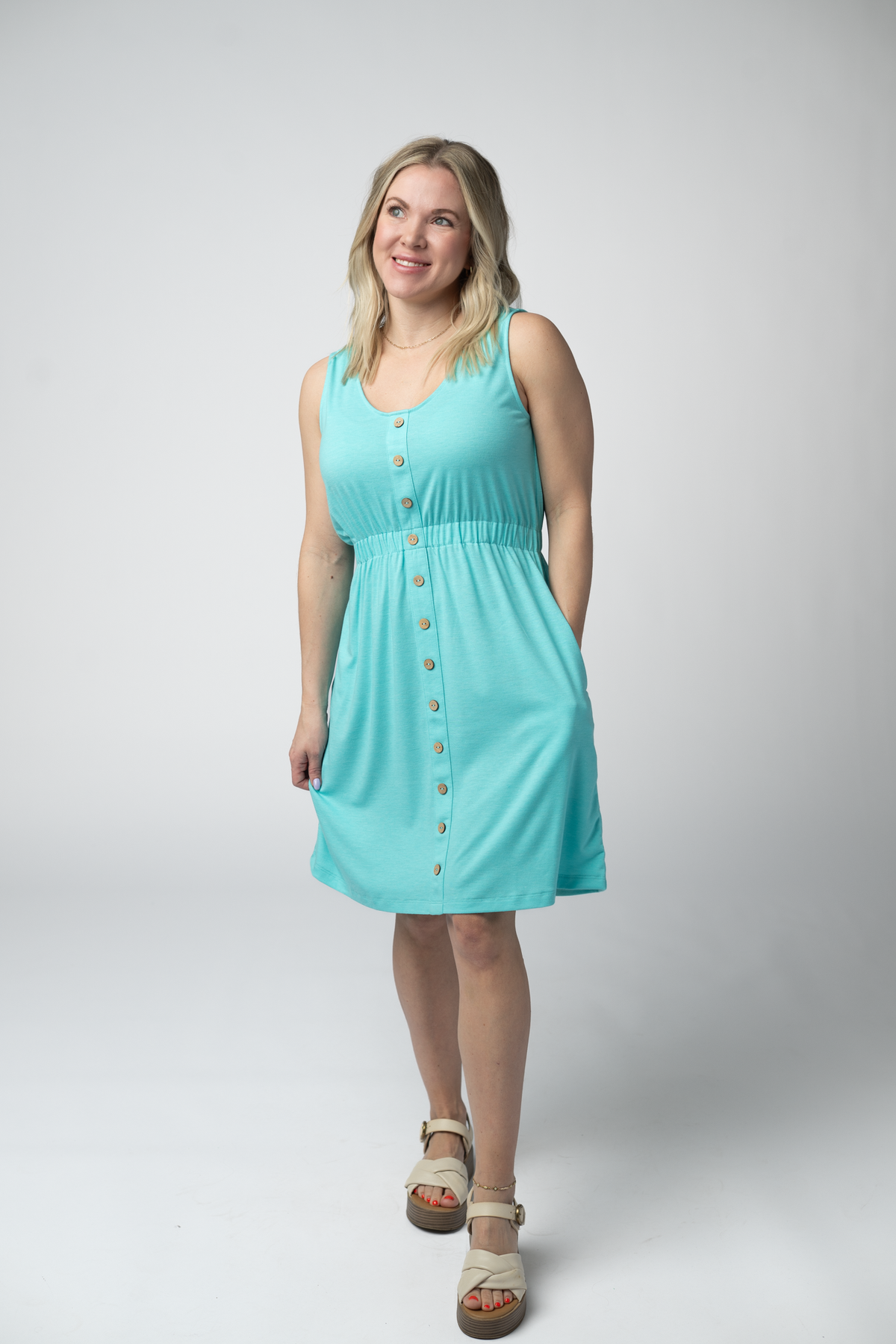 Beverly Button Dress - Aqua-dress-Villari Chic, women's online fashion boutique in Severna, Maryland