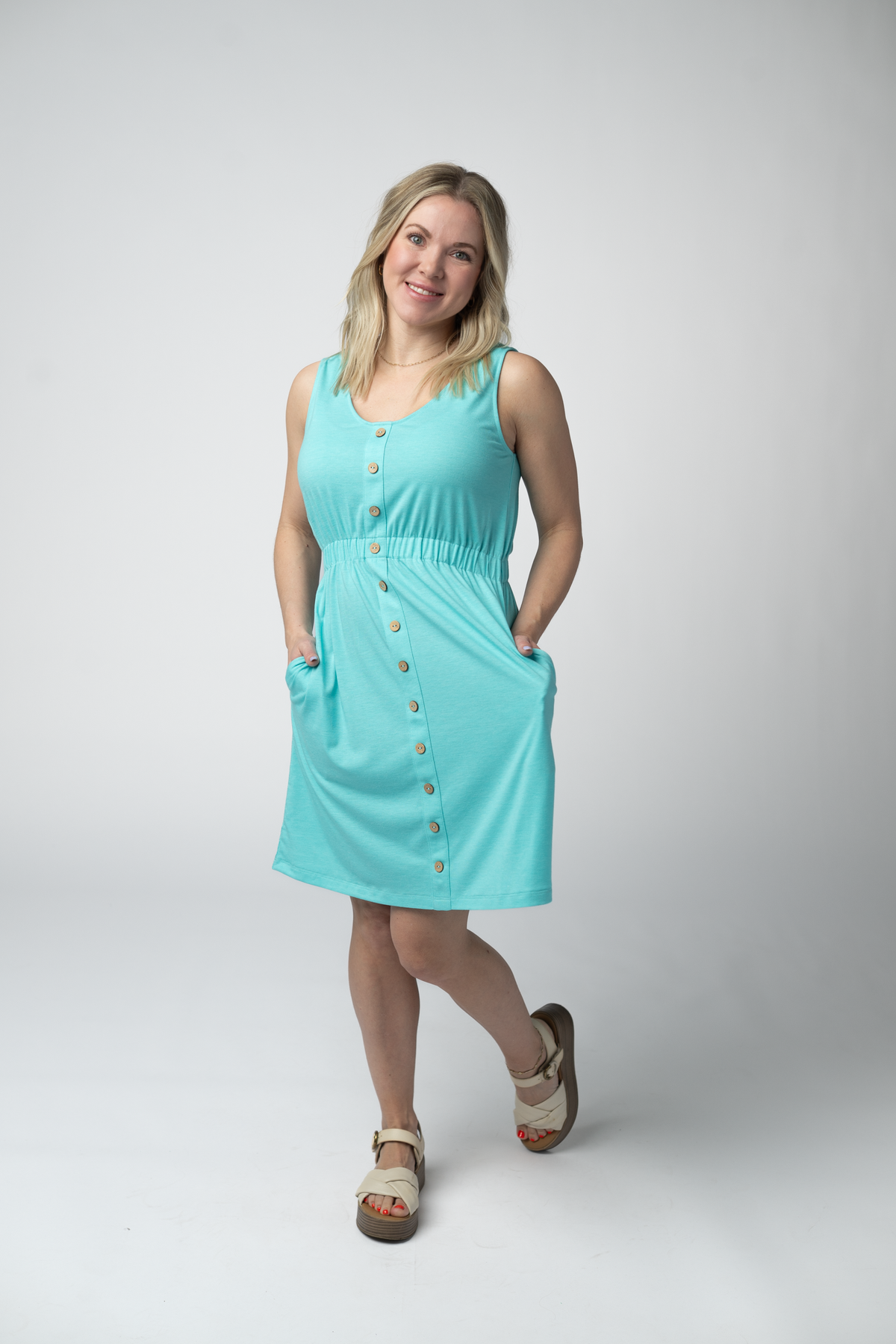 Beverly Button Dress - Aqua-dress-Villari Chic, women's online fashion boutique in Severna, Maryland
