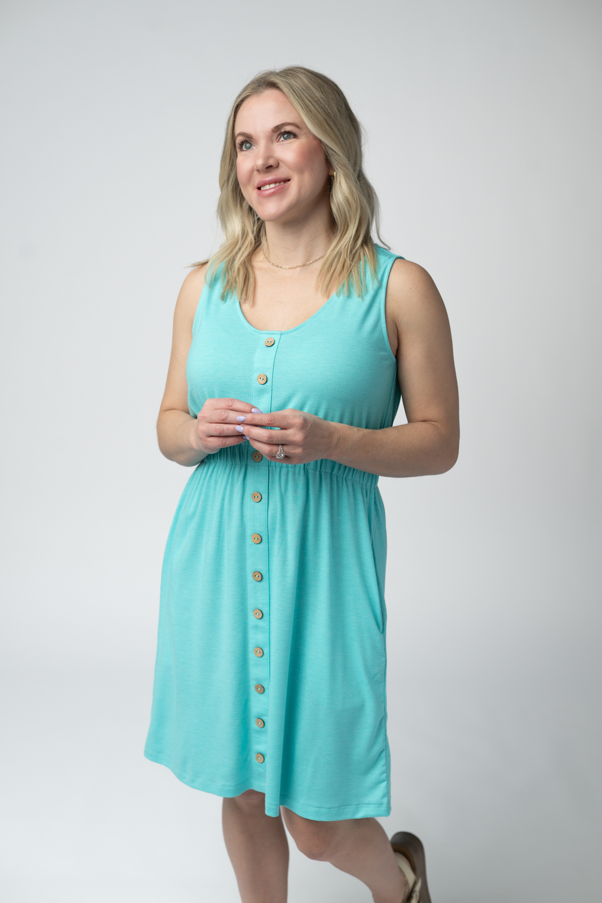 Beverly Button Dress - Aqua-dress-Villari Chic, women's online fashion boutique in Severna, Maryland