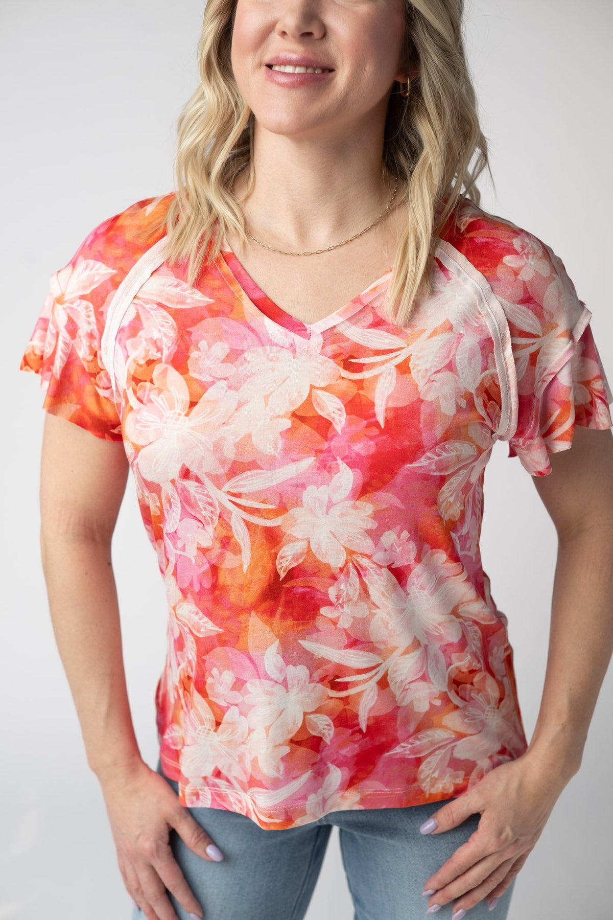 Raelynn V-Neck Top - Sunset Tropical Floral-Tops-Villari Chic, women's online fashion boutique in Severna, Maryland