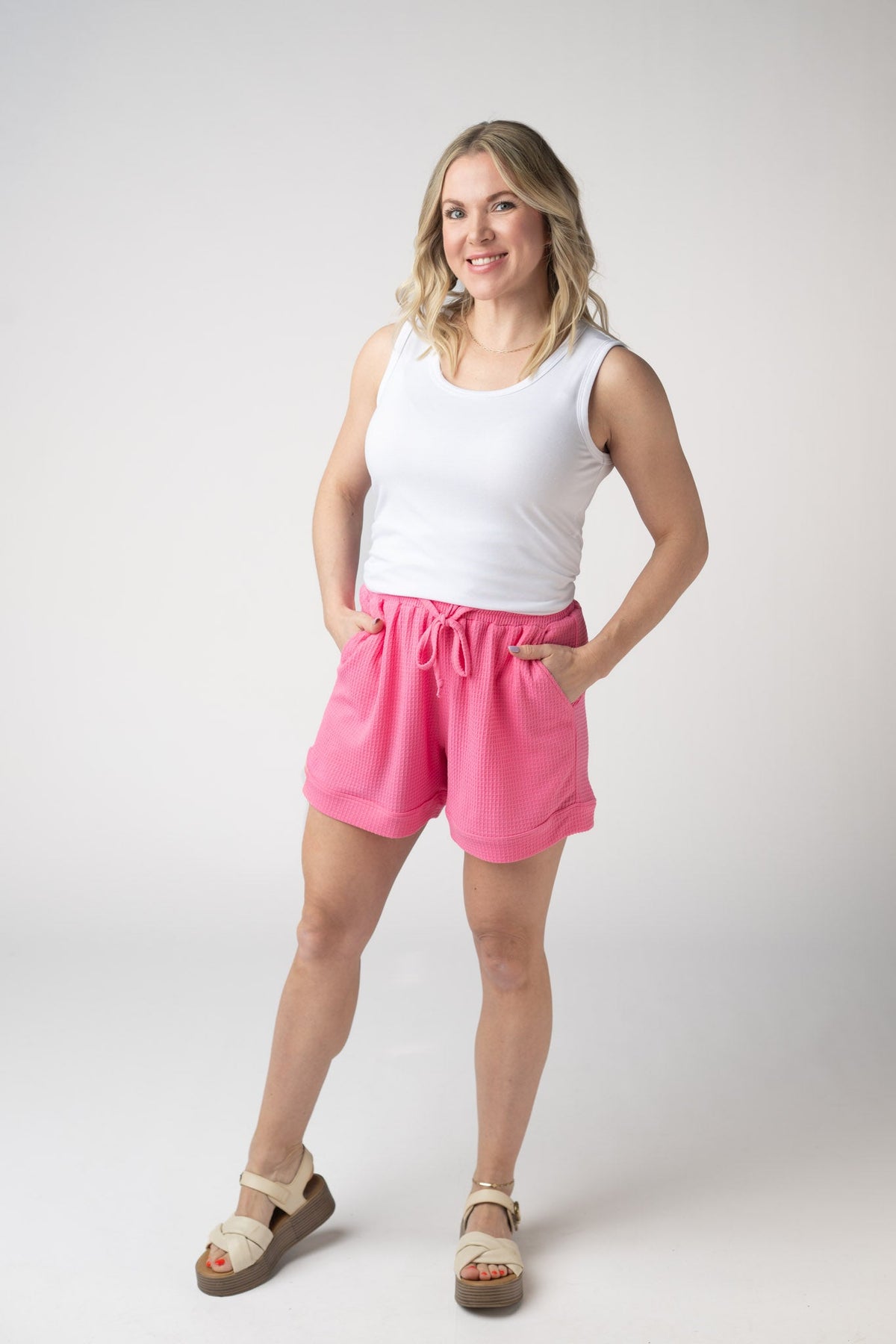 Weslie Waffle Shorts - Pink-shorts-Villari Chic, women's online fashion boutique in Severna, Maryland
