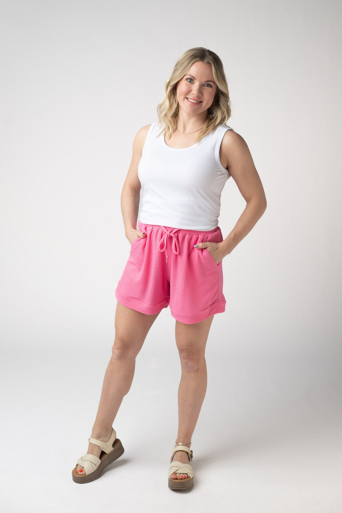 Weslie Waffle Shorts - Pink-shorts-Villari Chic, women's online fashion boutique in Severna, Maryland