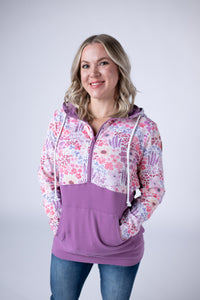 Halfzip Hoodie - Coral Sunset Floral and Mauve-Hoodie-Villari Chic, women's online fashion boutique in Severna, Maryland