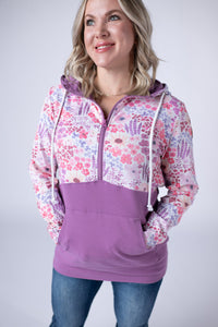 Halfzip Hoodie - Coral Sunset Floral and Mauve-Hoodie-Villari Chic, women's online fashion boutique in Severna, Maryland