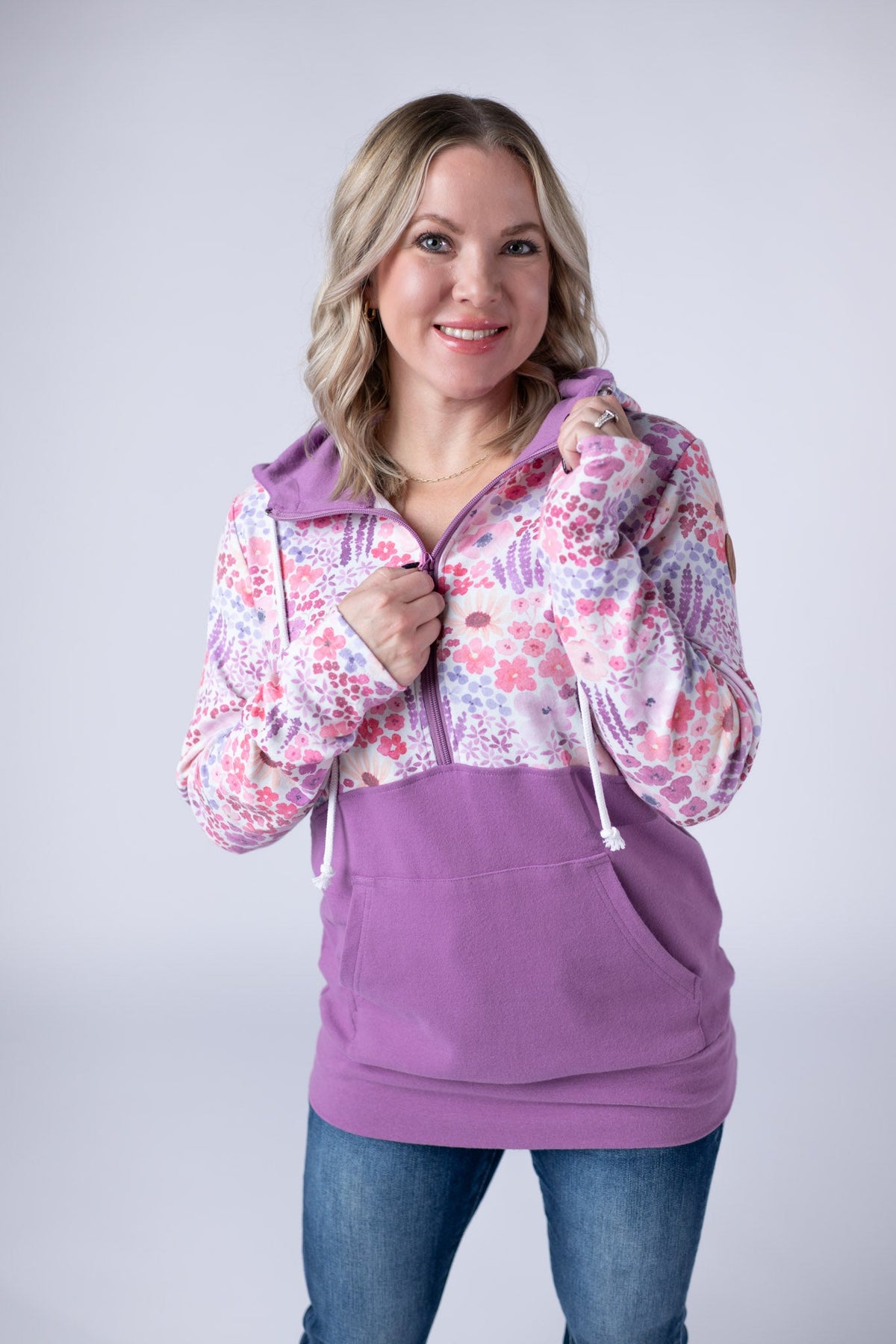 Halfzip Hoodie - Coral Sunset Floral and Mauve-Hoodie-Villari Chic, women's online fashion boutique in Severna, Maryland