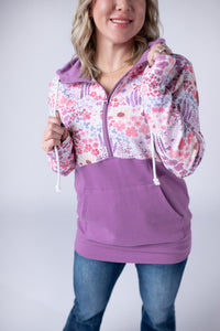 Halfzip Hoodie - Coral Sunset Floral and Mauve-Hoodie-Villari Chic, women's online fashion boutique in Severna, Maryland