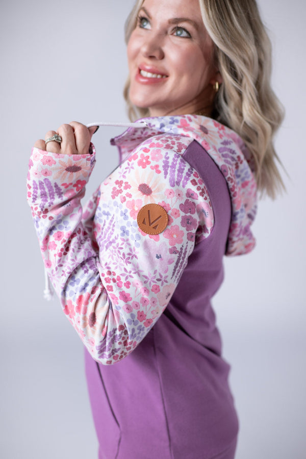 Halfzip Hoodie - Coral Sunset Floral and Mauve-Hoodie-Villari Chic, women's online fashion boutique in Severna, Maryland