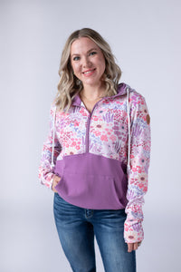Halfzip Hoodie - Coral Sunset Floral and Mauve-Hoodie-Villari Chic, women's online fashion boutique in Severna, Maryland