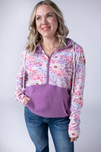 Halfzip Hoodie - Coral Sunset Floral and Mauve-Hoodie-Villari Chic, women's online fashion boutique in Severna, Maryland