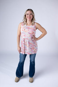 Renee Ruffle Tank Top - Coral Sunset Floral-tanks-Villari Chic, women's online fashion boutique in Severna, Maryland