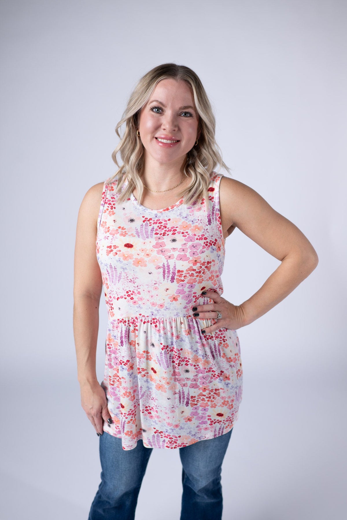 Renee Ruffle Tank Top - Coral Sunset Floral-tanks-Villari Chic, women's online fashion boutique in Severna, Maryland