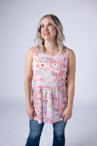 Renee Ruffle Tank Top - Coral Sunset Floral-tanks-Villari Chic, women's online fashion boutique in Severna, Maryland