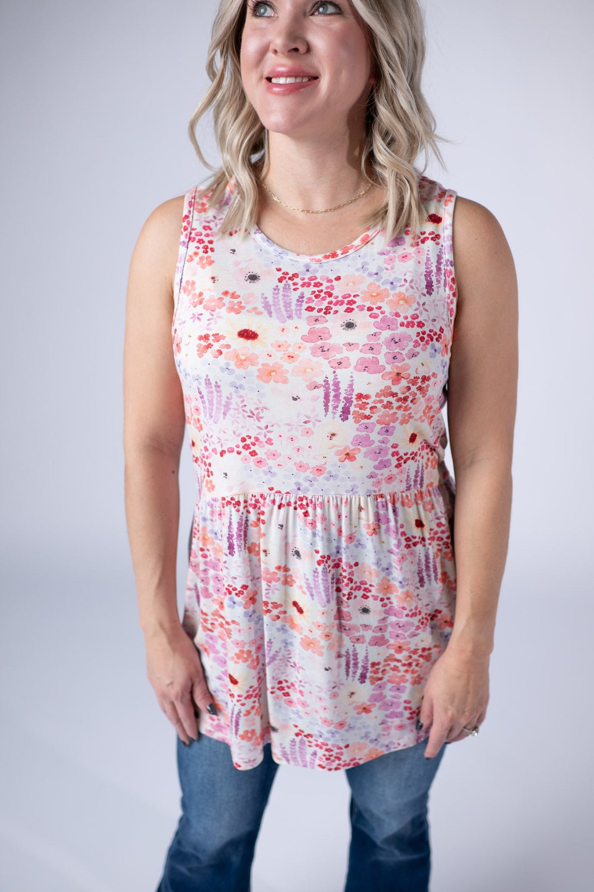 Renee Ruffle Tank Top - Coral Sunset Floral-tanks-Villari Chic, women's online fashion boutique in Severna, Maryland