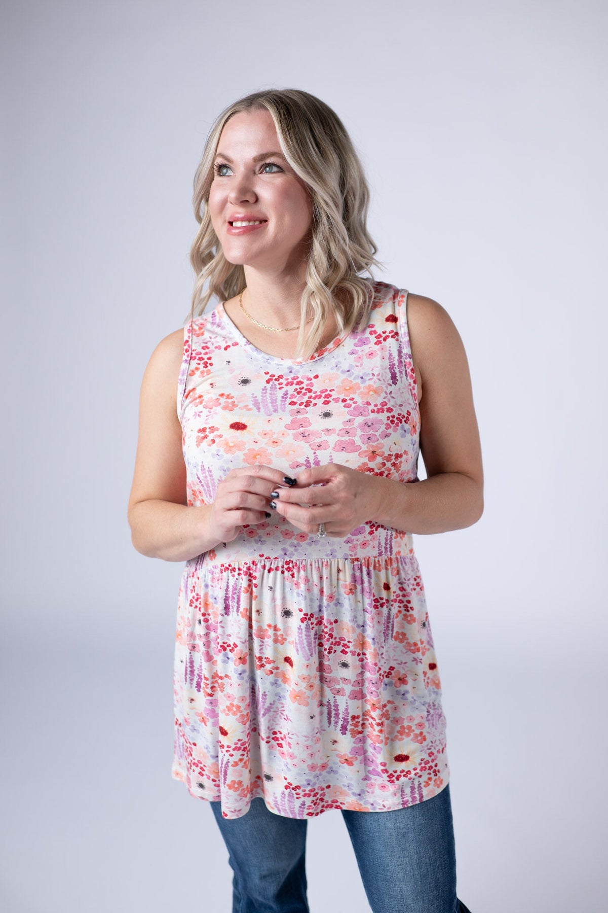 Renee Ruffle Tank Top - Coral Sunset Floral-tanks-Villari Chic, women's online fashion boutique in Severna, Maryland